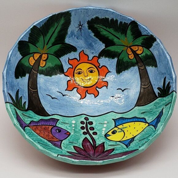 Mexican Hand Painted Folk Art Storyteller Sun, Trees & Fish 3 Footed Bowl - 2012 - Picture 9 of 10